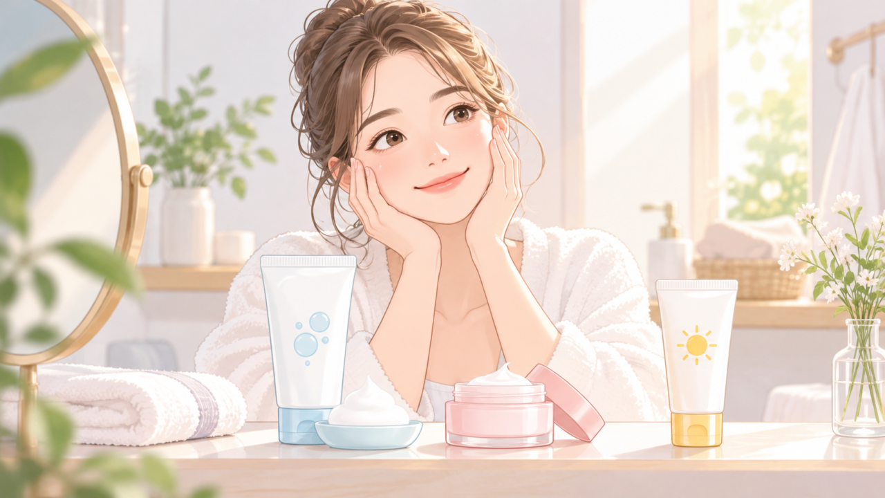 洗顔料・保湿クリーム・日焼け止めを並べた最低限のスキンケアのイラスト