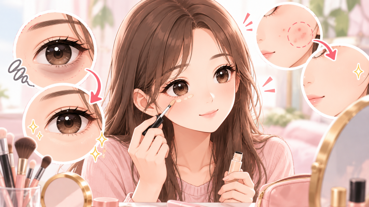 コンシーラーで目元のクマや肌の気になる部分をカバーする女性のイラスト