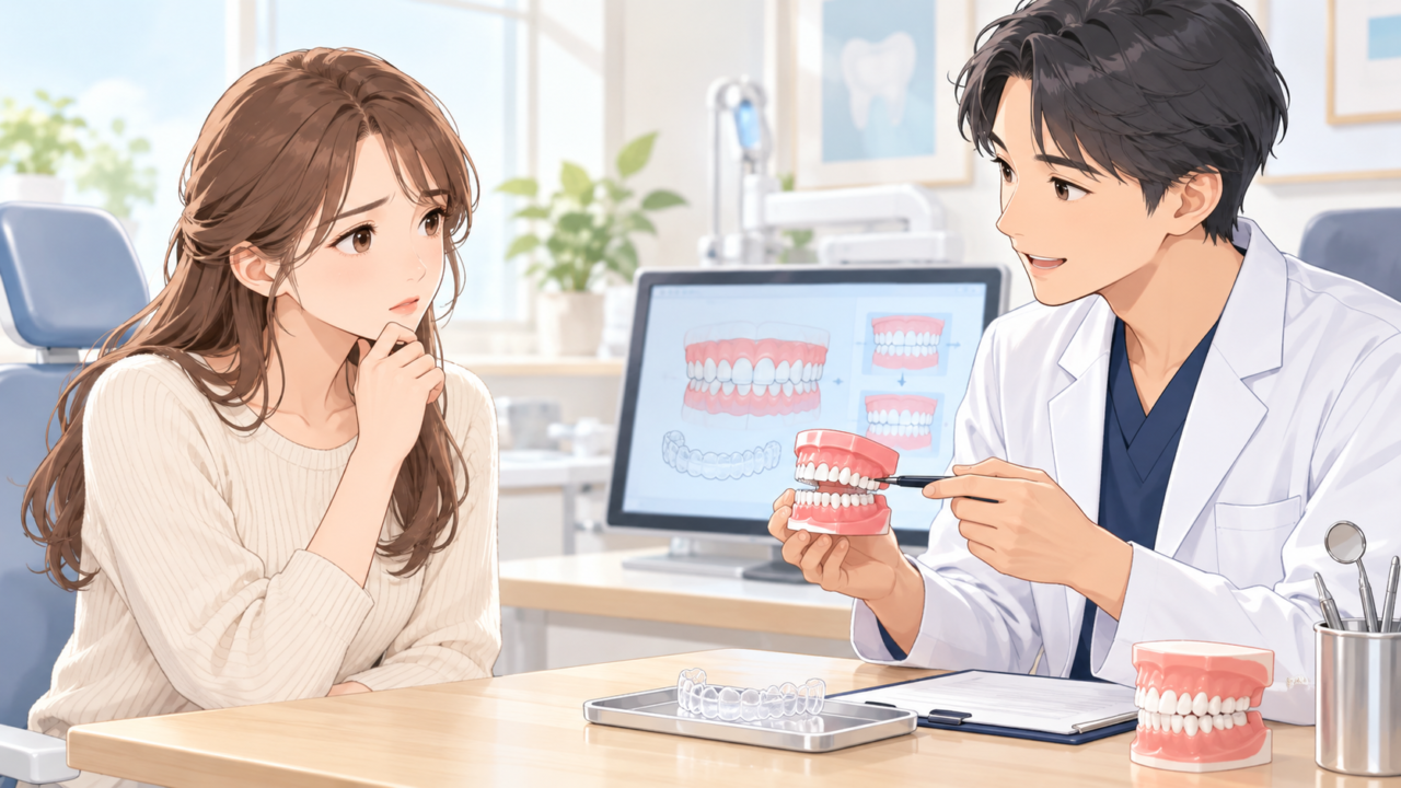 マウスピース矯正ができない理由や歯並びの状態を歯科医師に相談する女性