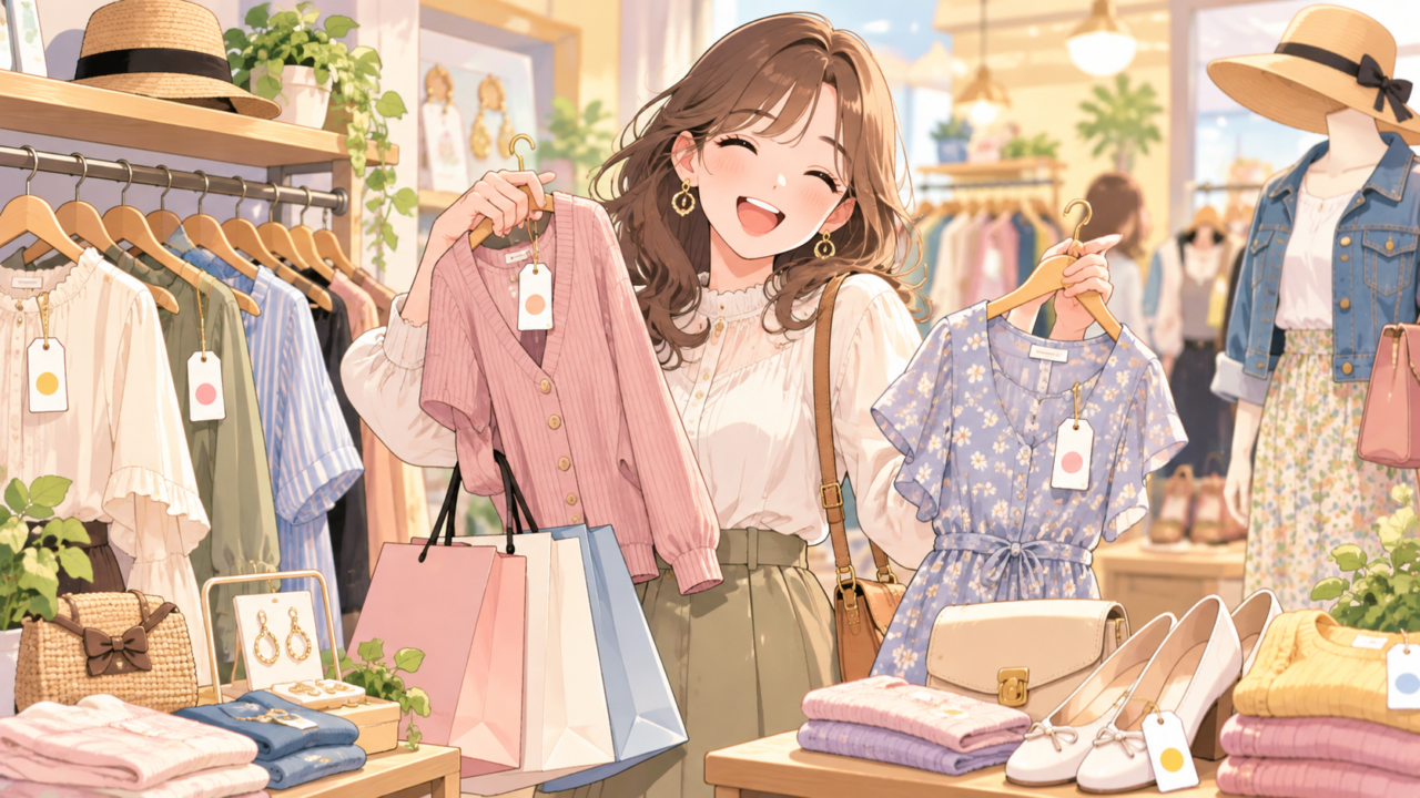 洋服店でトップスとワンピースを選び、買い物を楽しむ笑顔の女性