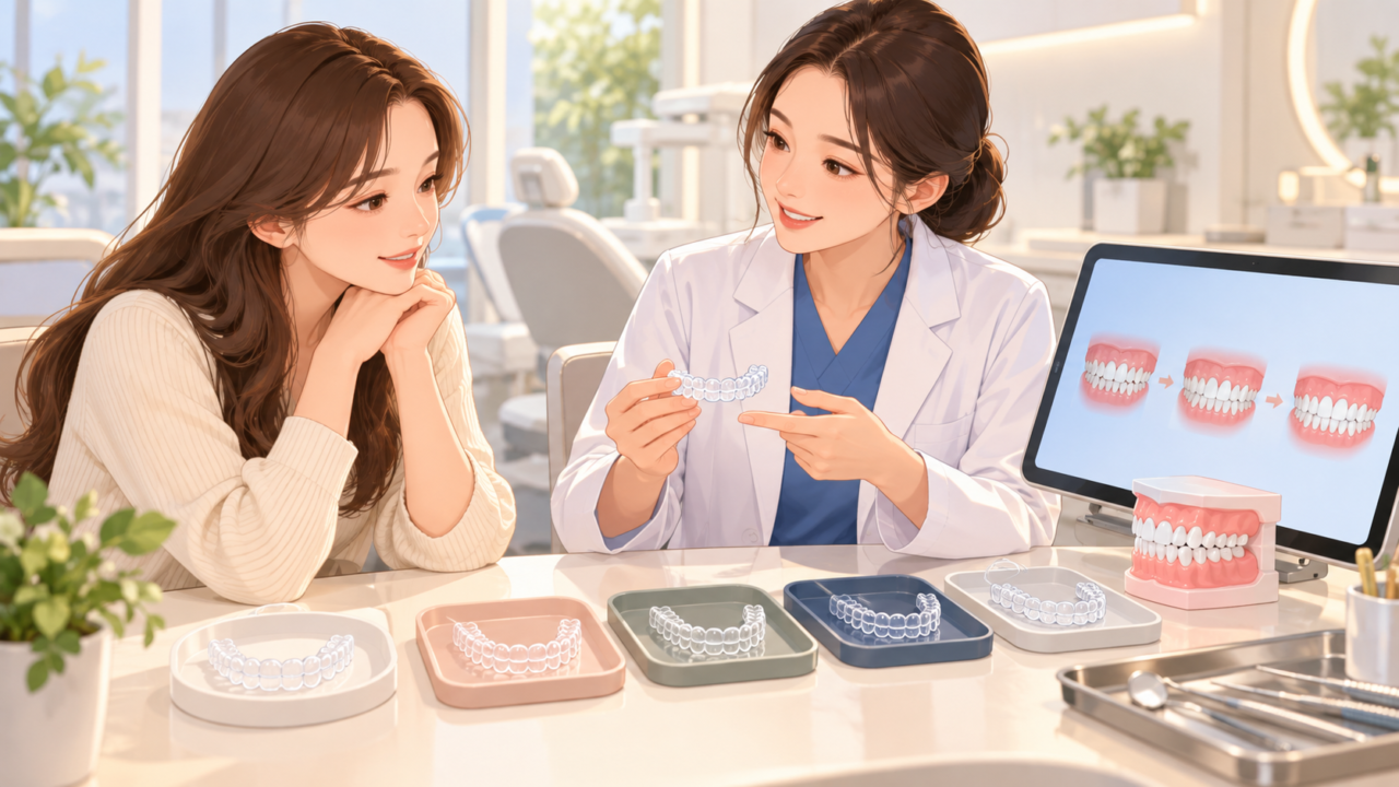 クリアコレクトのマウスピース矯正を歯科医師と確認する女性
