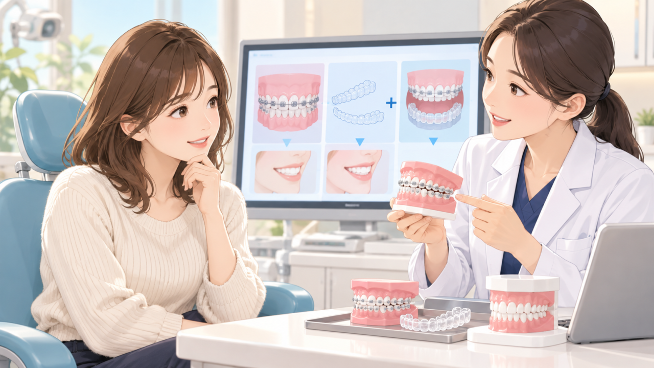 マウスピース矯正とワイヤー矯正の併用治療について説明を受ける女性