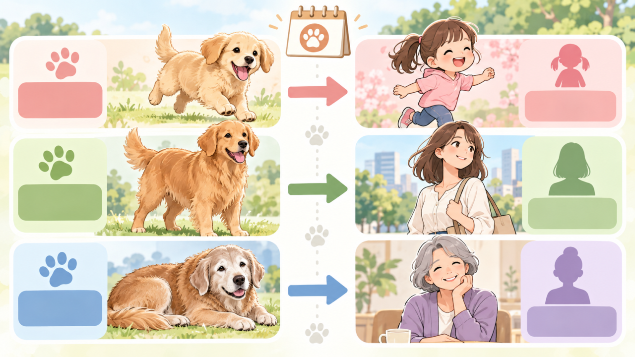 犬の成長と老化を人間のライフステージに対応させた年齢換算のイラスト