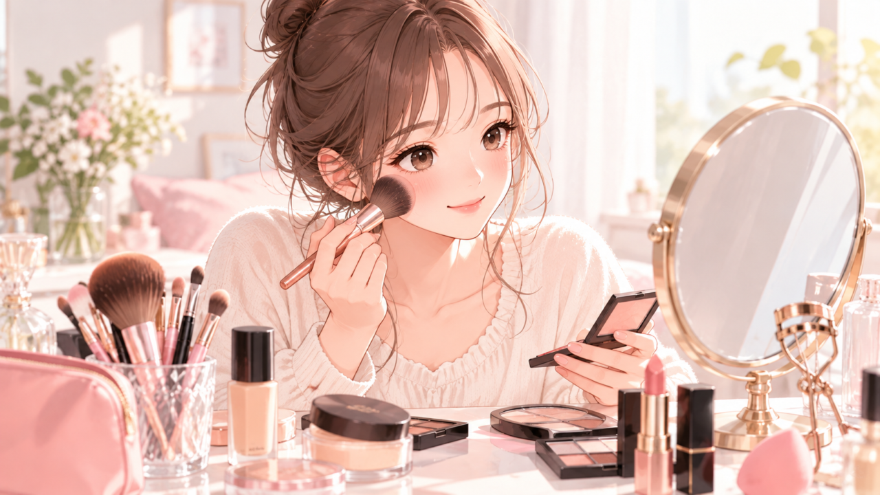 メイクブラシを使ってメイクをしている女性