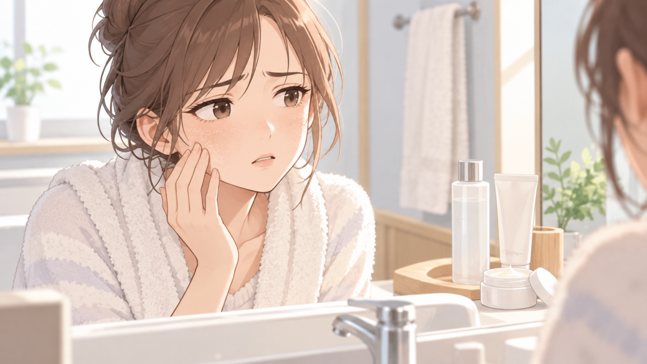 保湿不足による頬の乾燥を気にする女性のイラスト