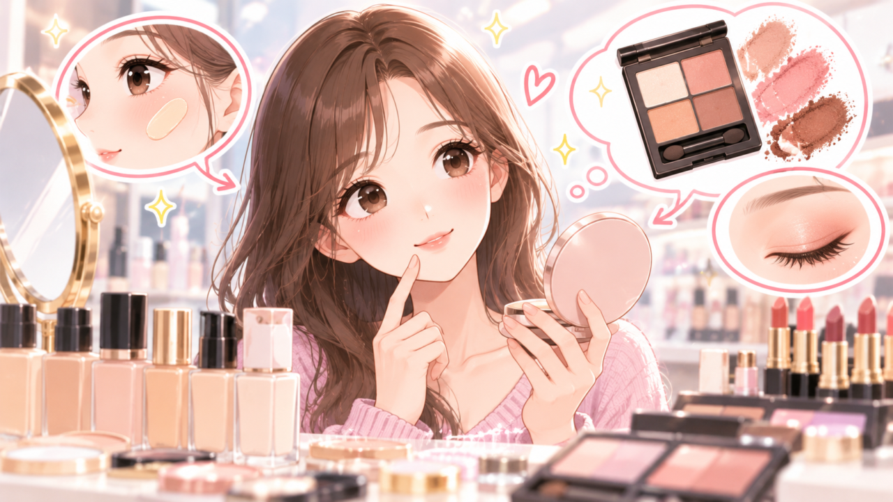 ファンデーションの肌色やアイシャドウの色を比較しながらメイク用品を選ぶ女性のイラスト