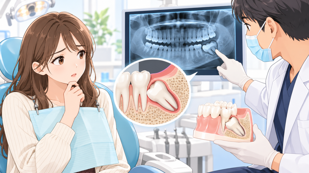 歯ぐきの中に埋まった埋伏歯の位置をレントゲン画像で説明する歯科医師
