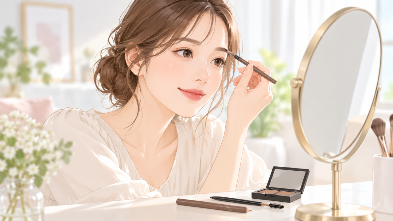 アイブロウで眉毛の足りない部分を自然に描き足す女性