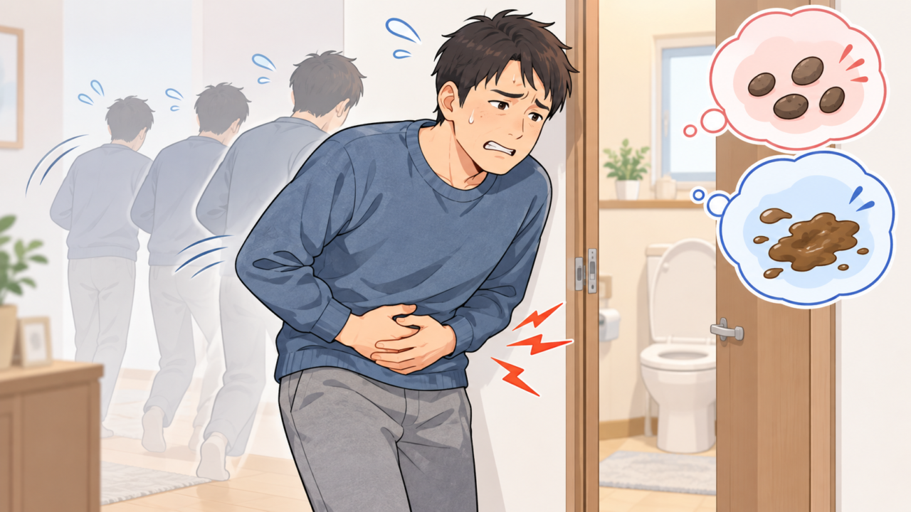 便秘や下痢による腹痛で何度もトイレに向かう男性のイラスト