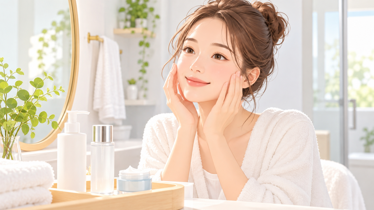 鏡の前で頬に手を当てて肌の状態を確認する女性のイラスト