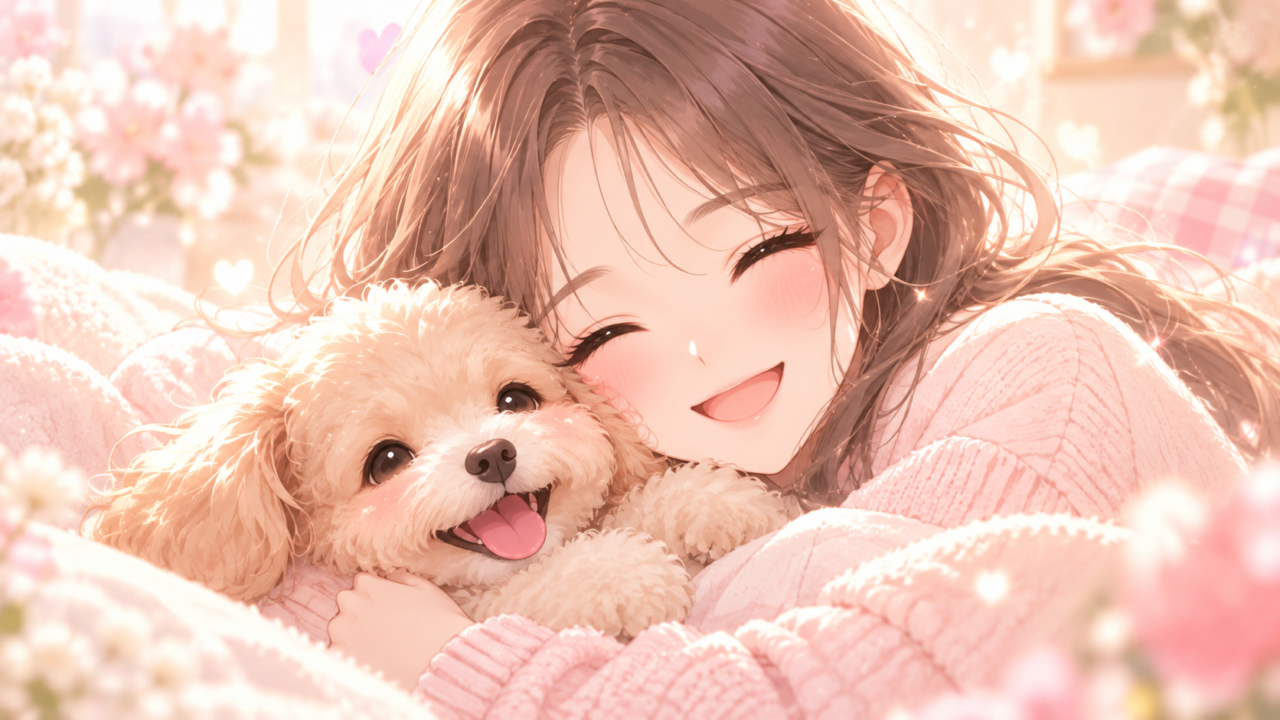 愛犬と寄り添い幸せそうに笑う女性のイラスト