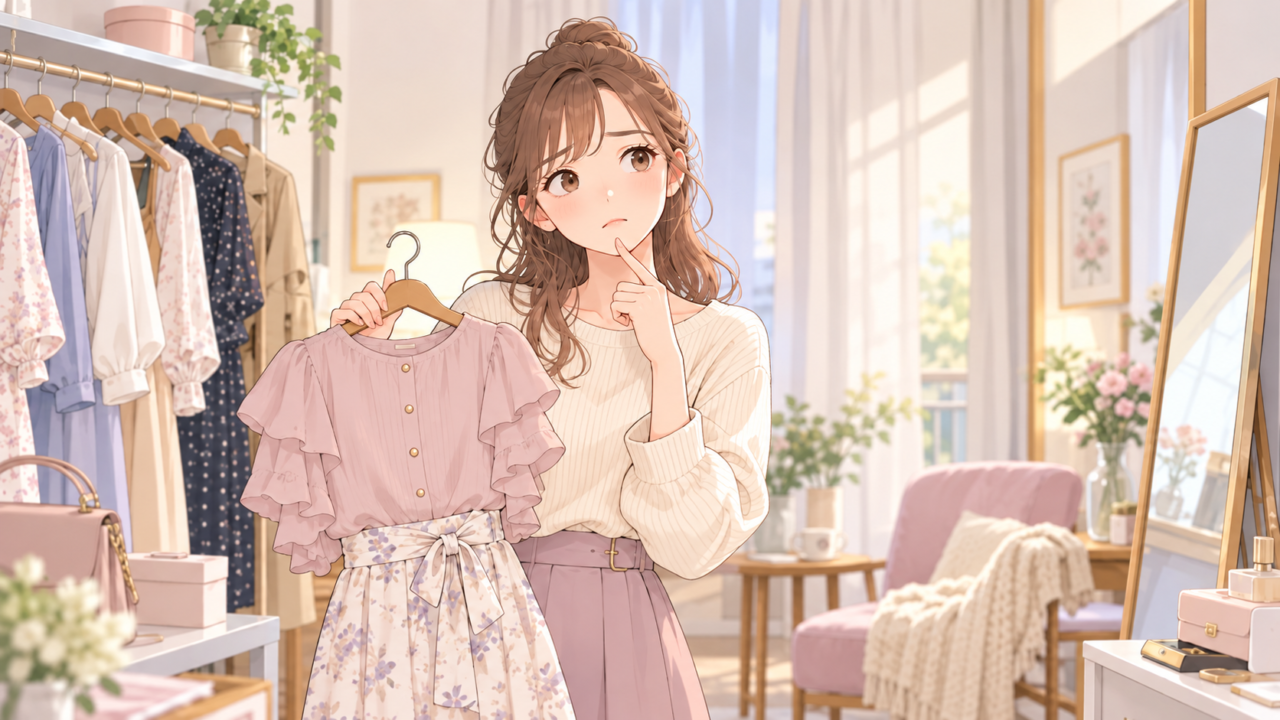 自分に似合う服がわからず、洋服を手に取りながら服選びに悩む女性
