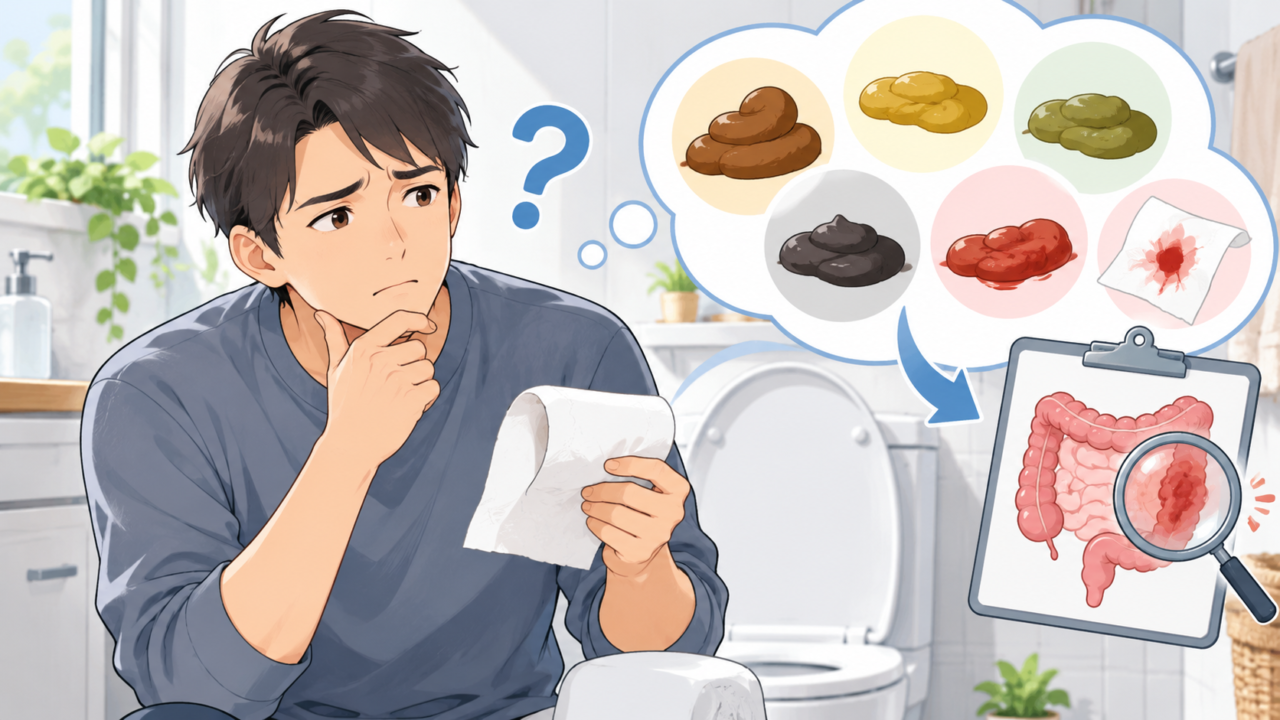 便の色や血便の違いを確認し、大腸の病気を心配する男性のイラスト