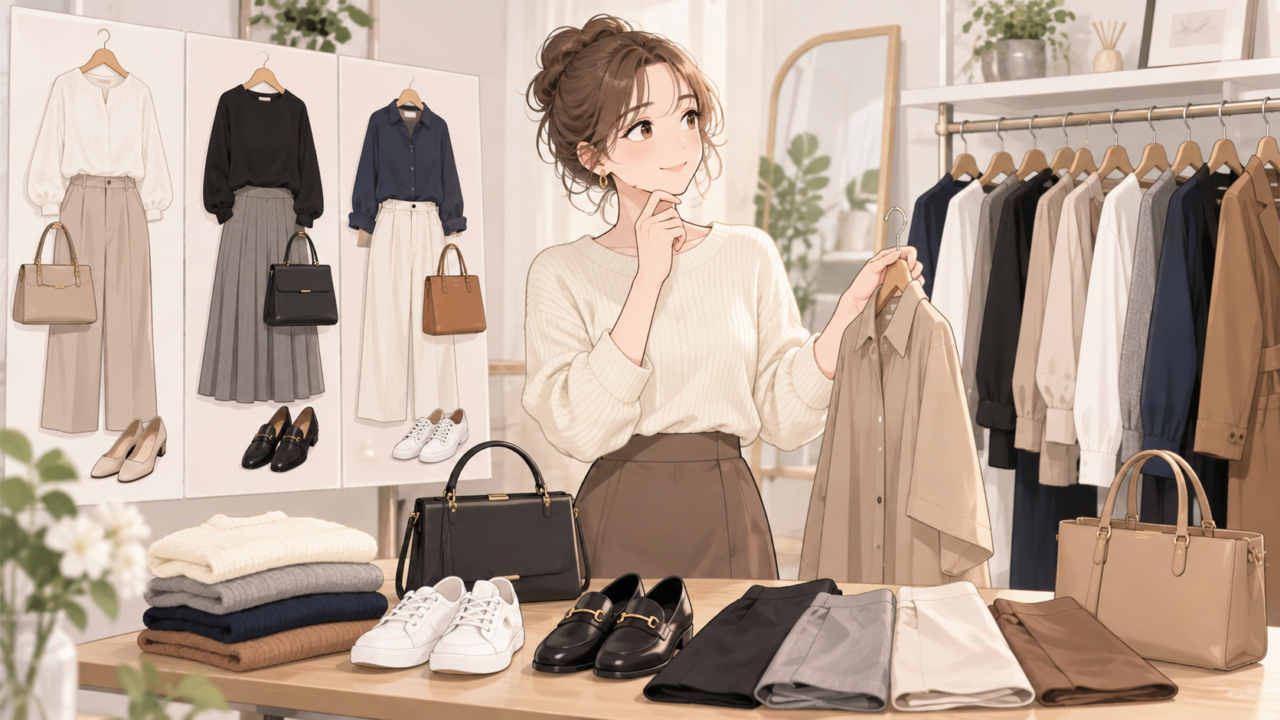 ベーシックカラーを使ったシンプルなレディースコーディネートを考えている女性