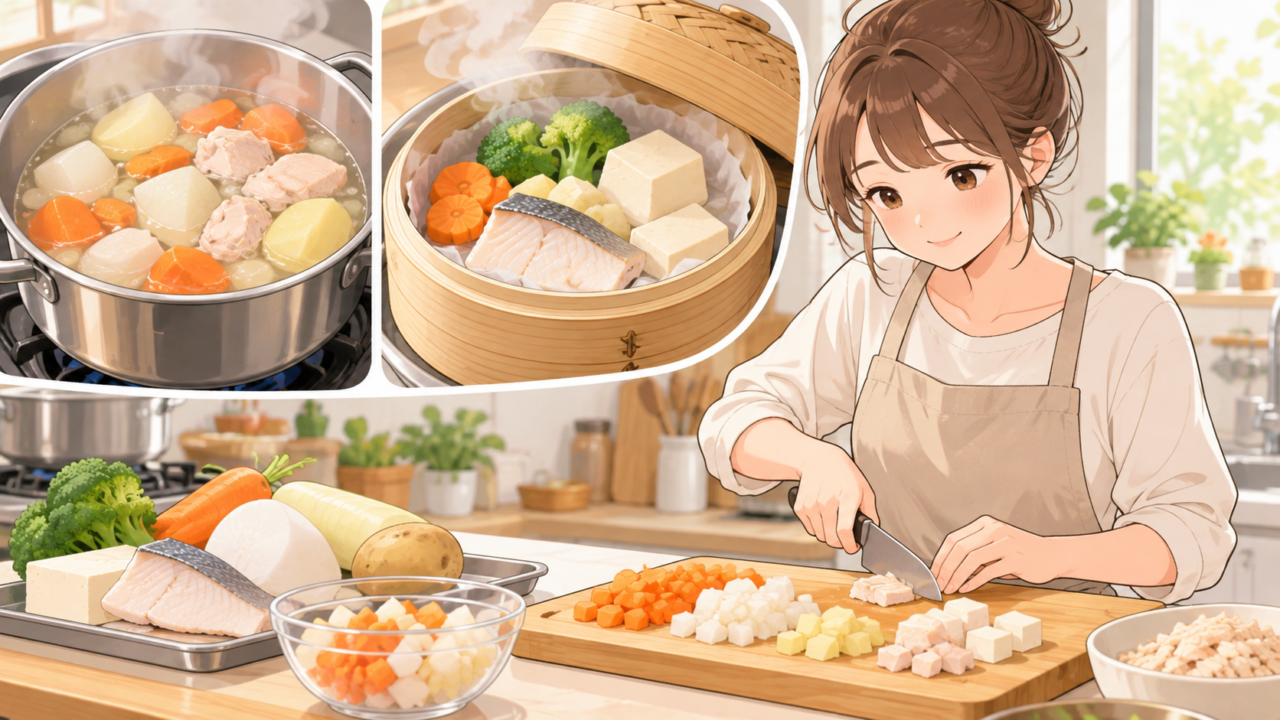 食材を細かく切り、煮る・蒸す調理をする女性のイラスト