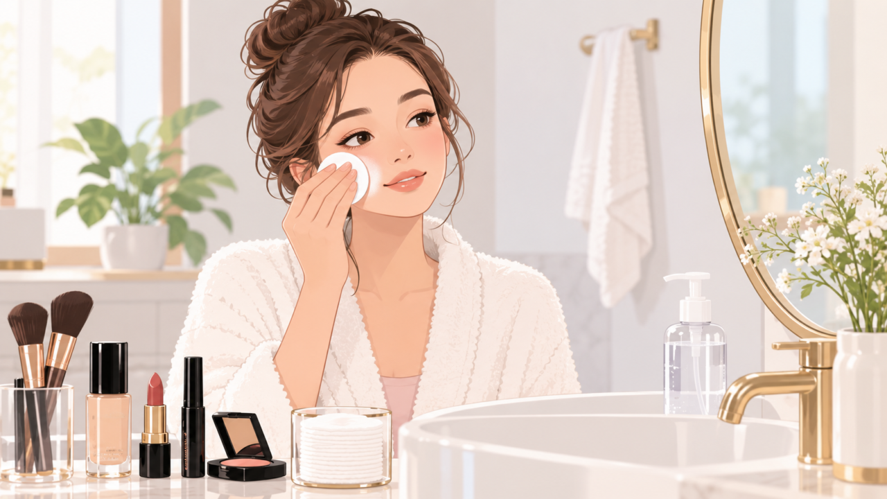 クレンジングでメイクをやさしく落とす女性