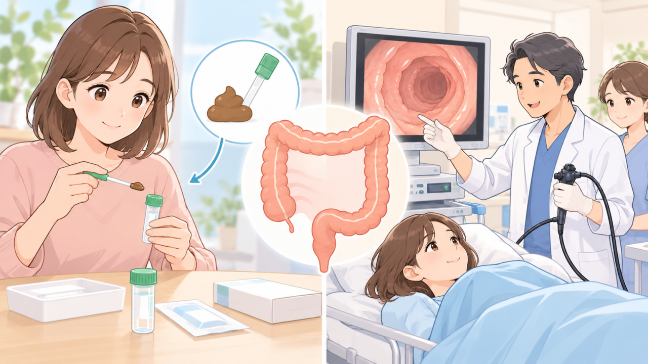 大腸がんの検査で行われる便潜血検査と大腸内視鏡検査を比較したイラスト