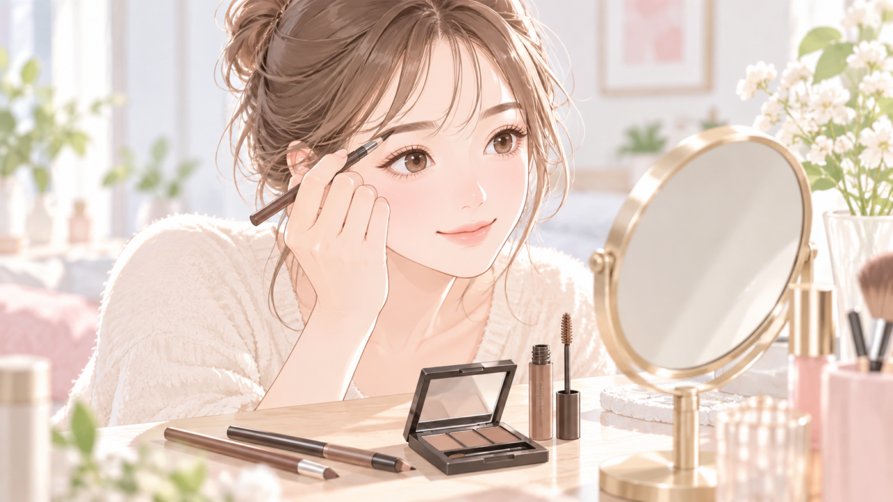 鏡を見ながらアイブロウペンシルで眉毛の形を整える女性のイラスト