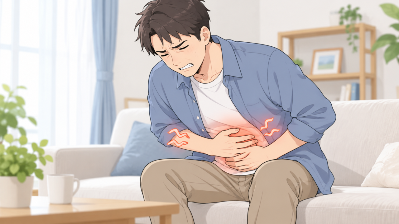 腹痛やお腹の張りで苦しみ、お腹を押さえる男性のイラスト