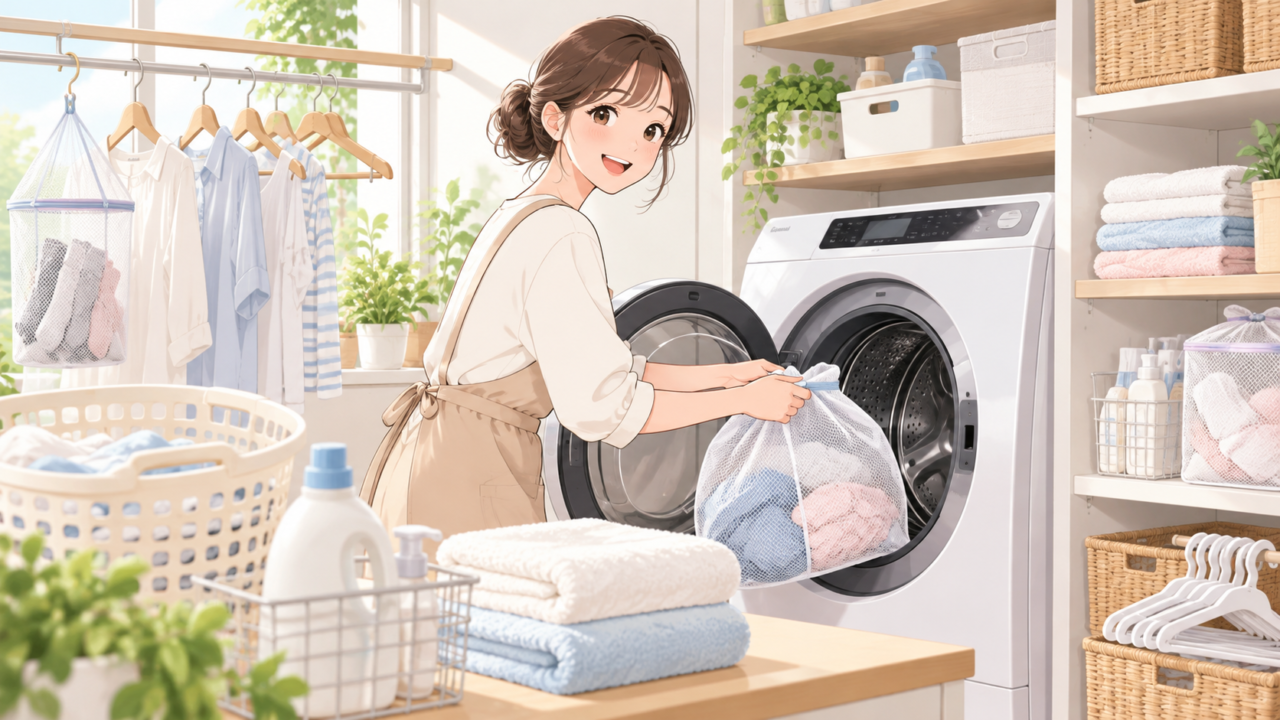 洗濯ネットに入れた衣類をドラム式洗濯機に入れる女性のイラスト