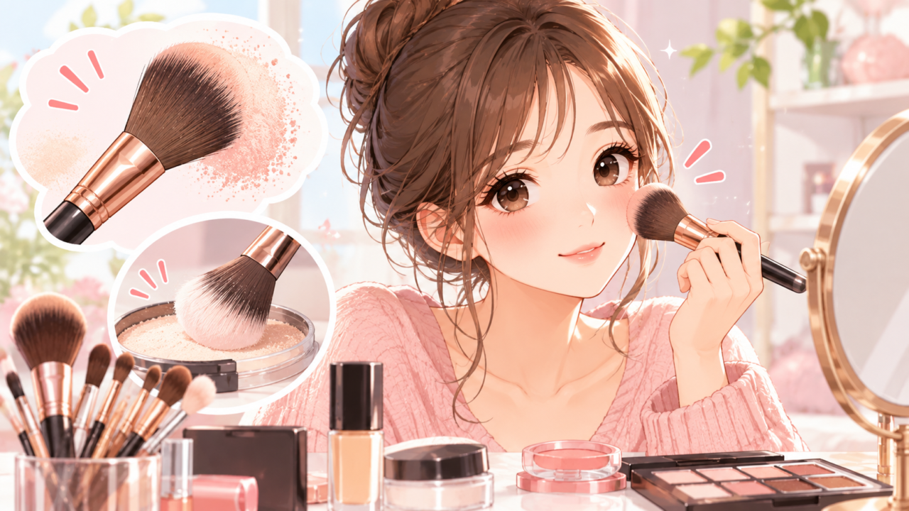 メイクブラシを使って頬にパウダーを塗る女性のイラスト