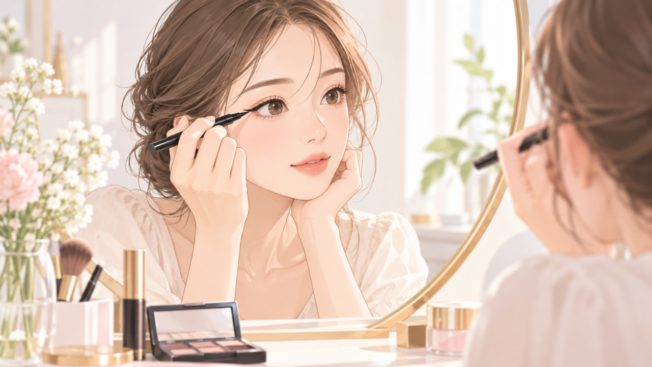 鏡を見ながらアイライナーで目尻にラインを描く女性のイラスト