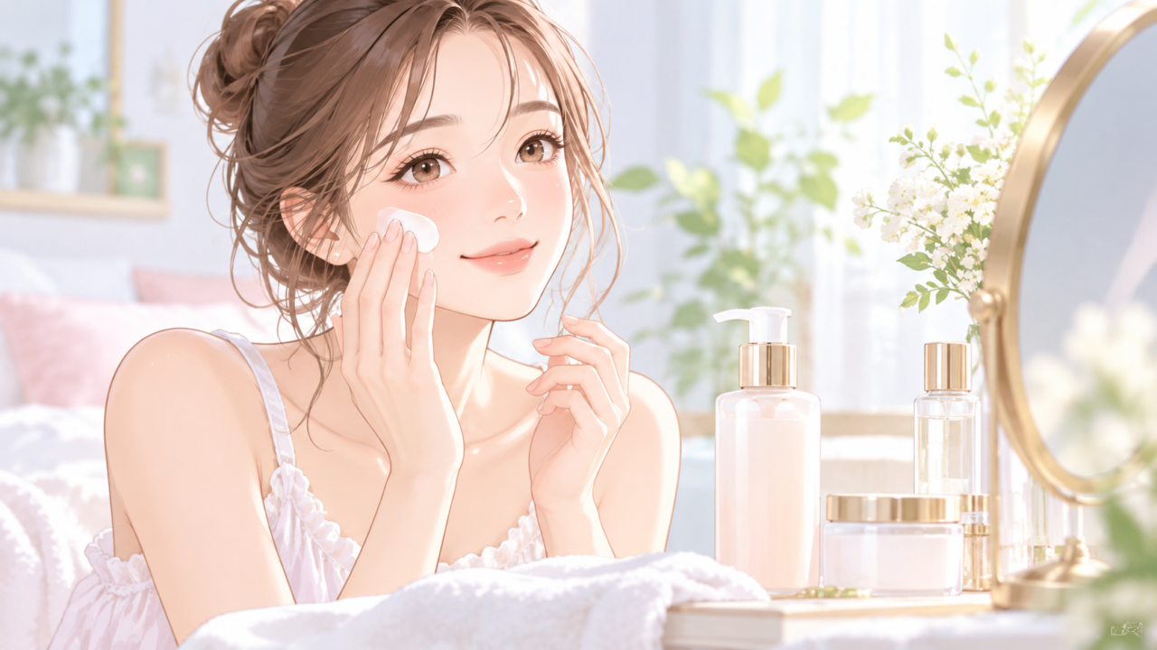 頬に乳液をなじませる女性とスキンケア用品のイラスト