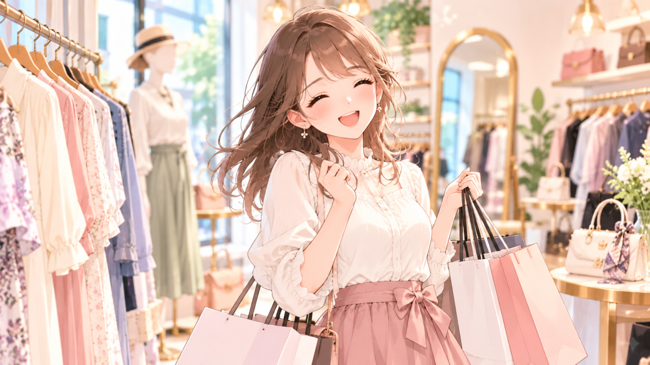 おしゃれな洋服を選びショッピングを楽しむ女性|ファッションセンスを磨くイメージ