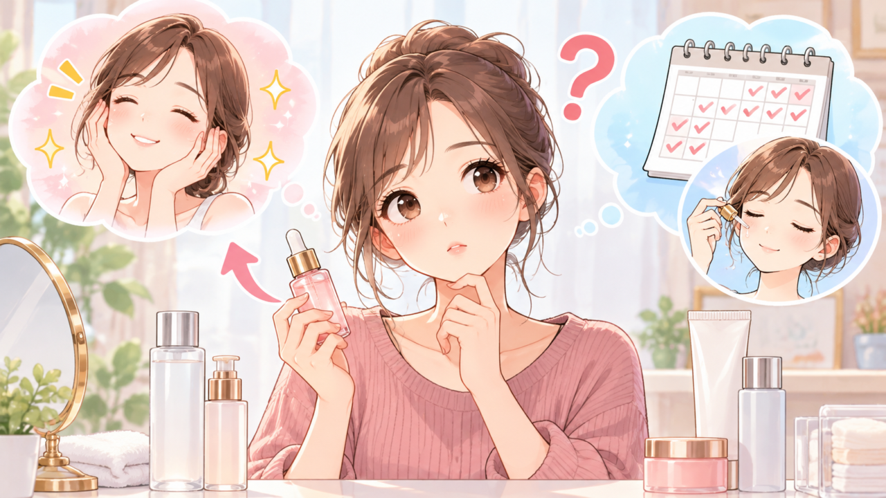美容液の使用頻度について考える女性とカレンダーのイラスト
