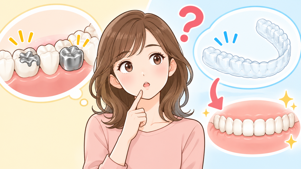 銀歯や被せ物があってもマウスピース矯正ができるか悩む女性