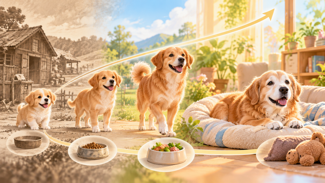 犬の平均寿命の変化を昔と現在の飼育環境で比較したイラスト