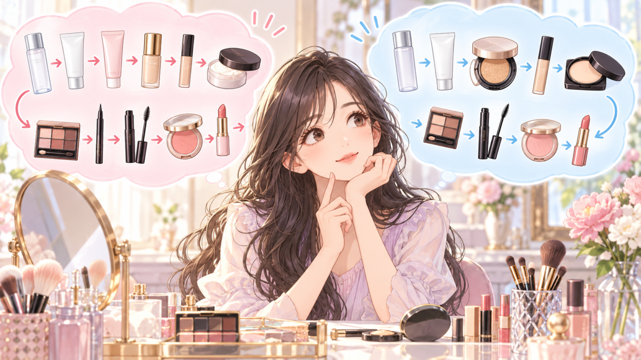 使用する化粧品によって異なるメイクの順番を比較して考える女性のイラスト