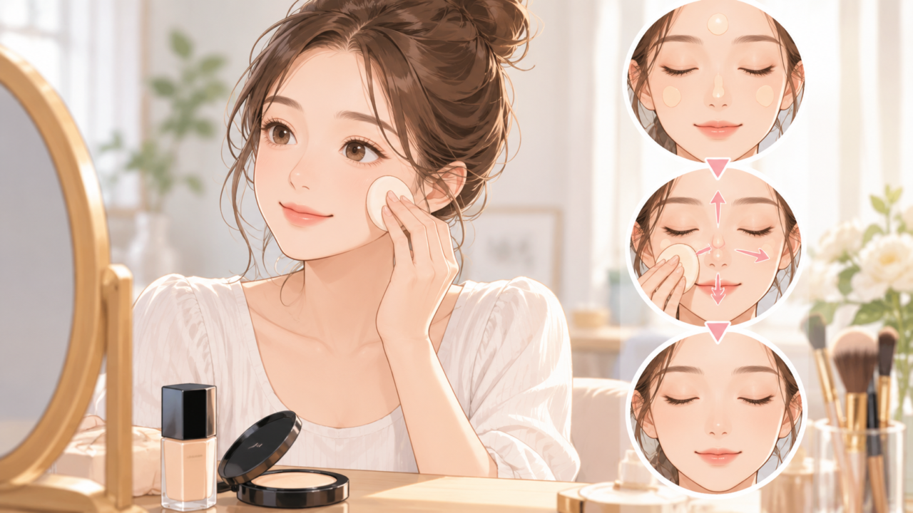 ファンデーションを薄く均一に肌になじませる女性