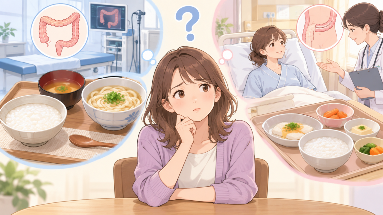 大腸内視鏡検査前と消化管手術後の食事について考える女性のイラスト