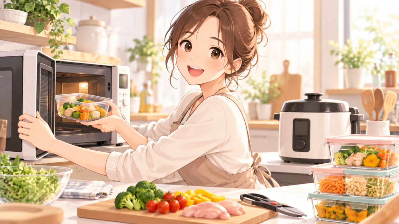 電子レンジを使って料理を時短する女性のイラスト