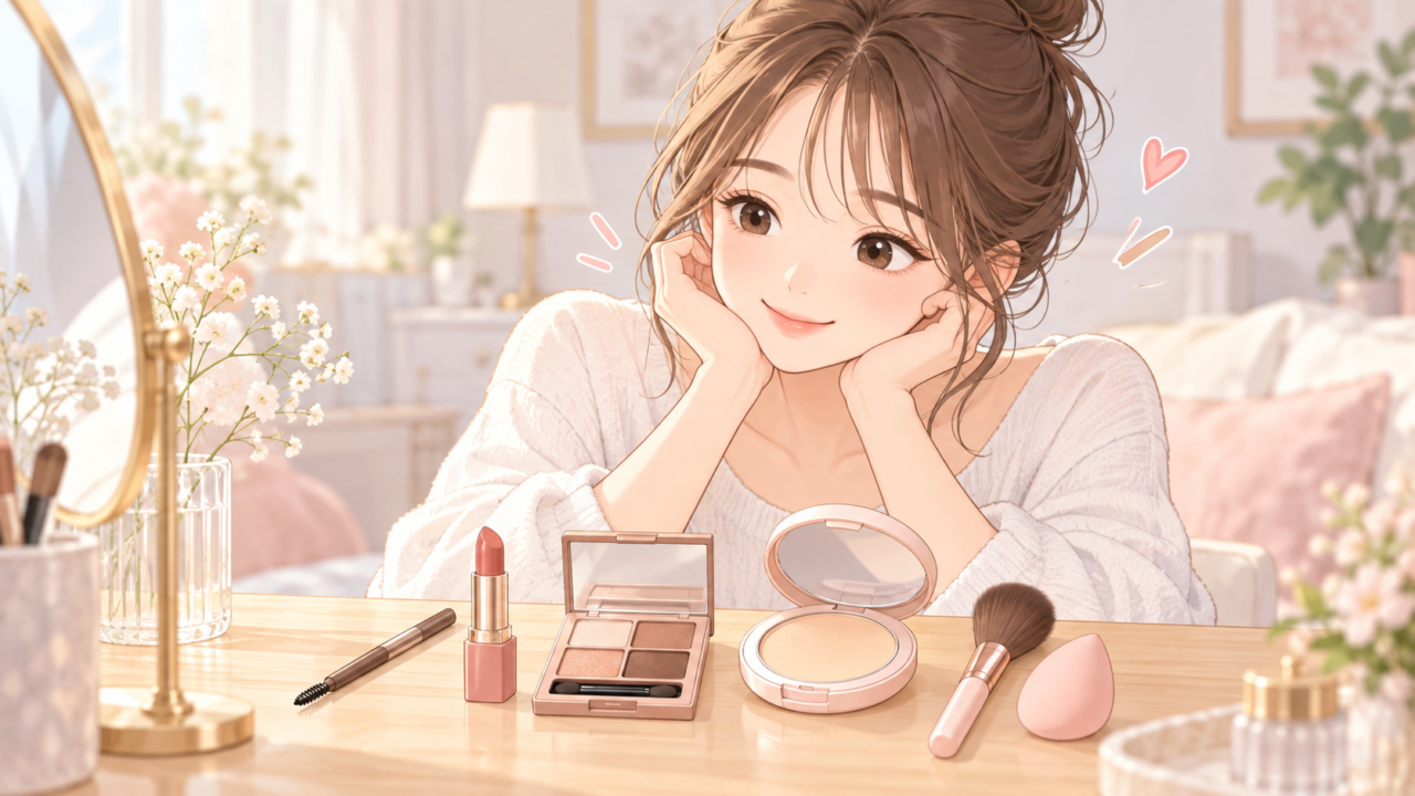 アイブロウやアイシャドウなど初心者向けの定番メイク用品を前に微笑む女性のイラスト