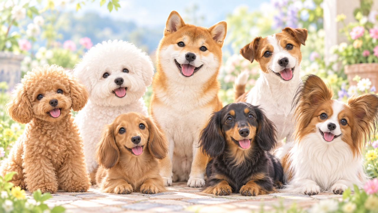 トイプードル・ビションフリーゼ・柴犬など平均寿命が長い犬種のイラスト