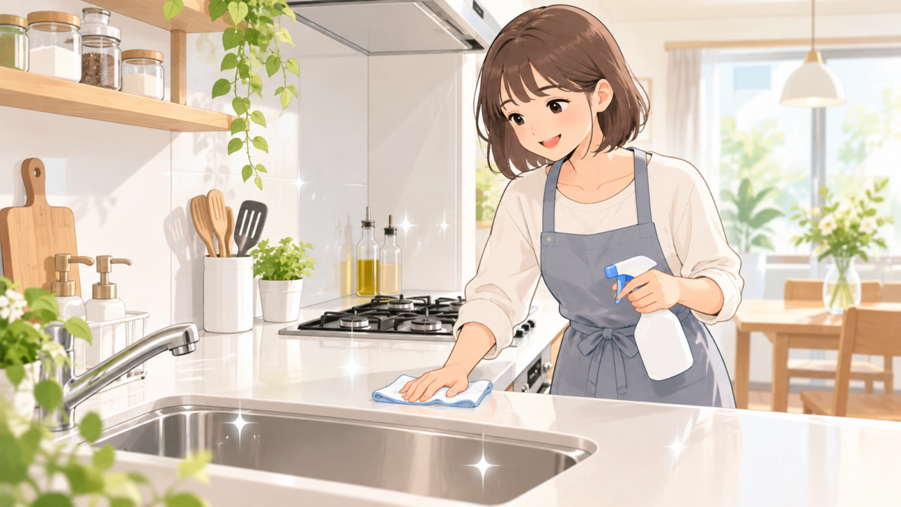 キッチンの汚れをためないように調理台を拭き掃除する女性のイラスト