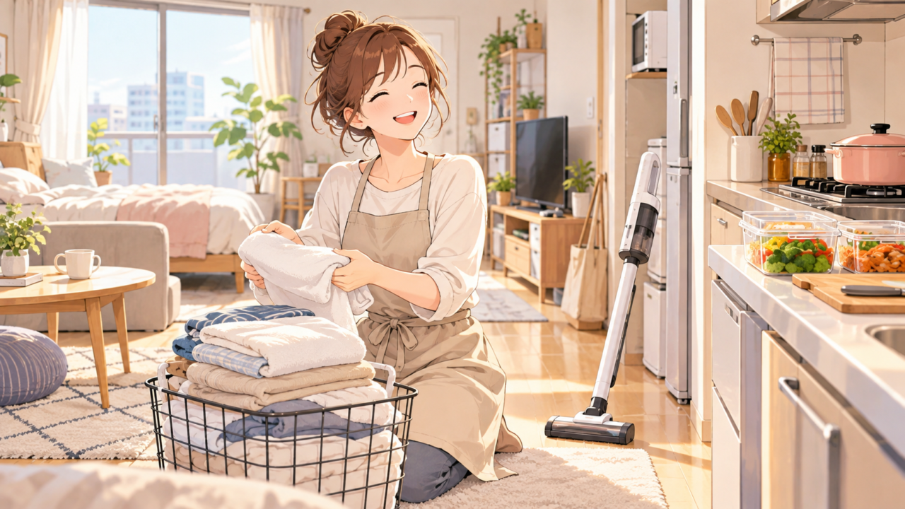 一人暮らしの部屋で洗濯物を畳みながら家事をする女性のイラスト