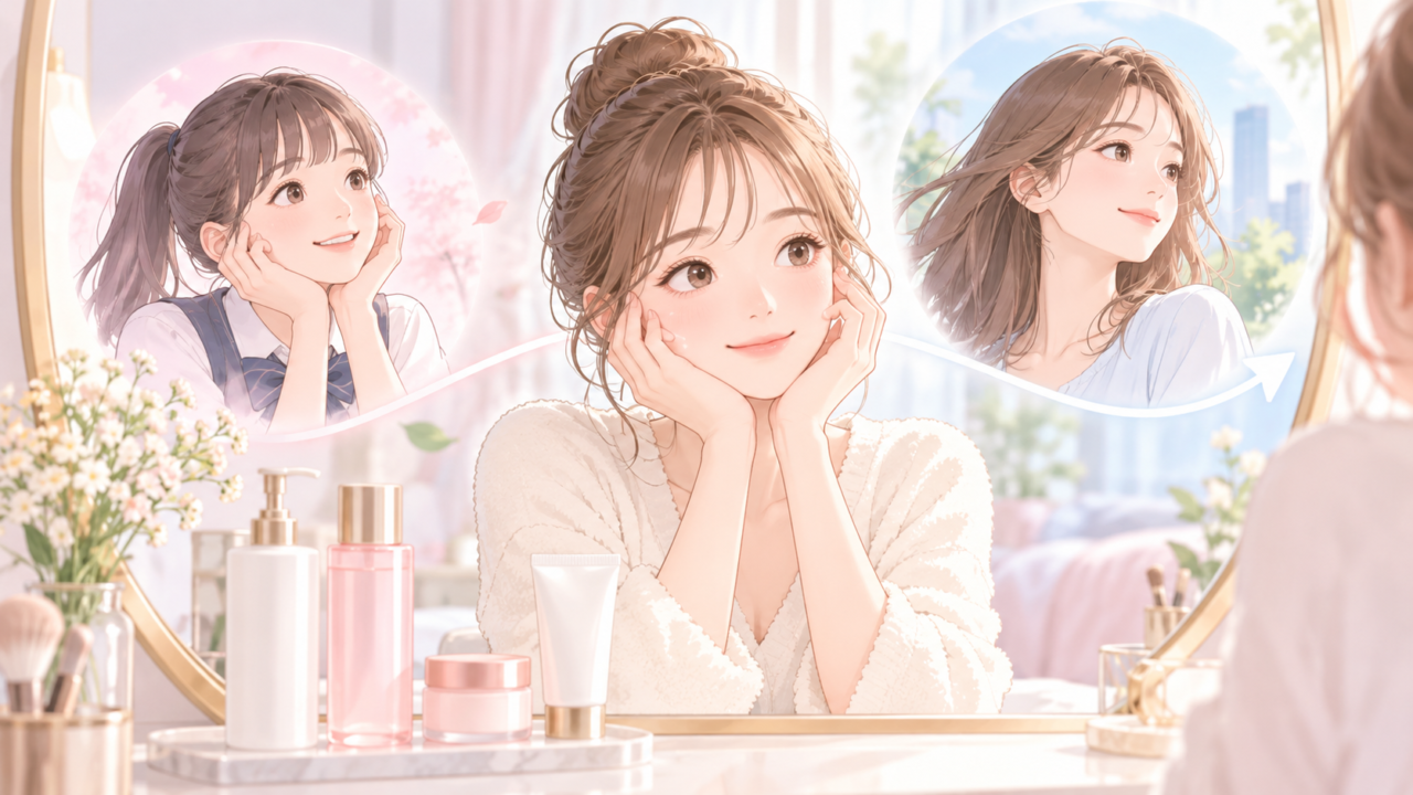 学生から大人まで年齢に合わせたスキンケアを考える女性のイラスト