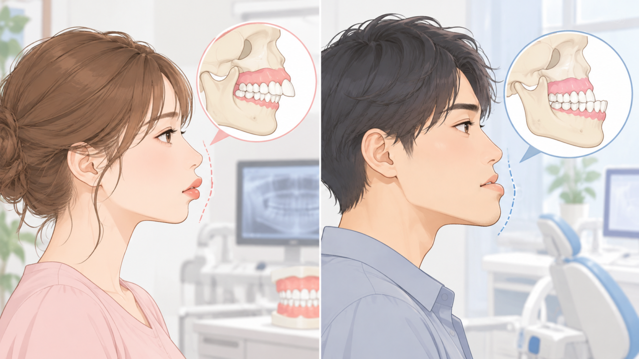 マウスピース矯正が難しい場合がある重度の出っ歯と受け口の比較イラスト
