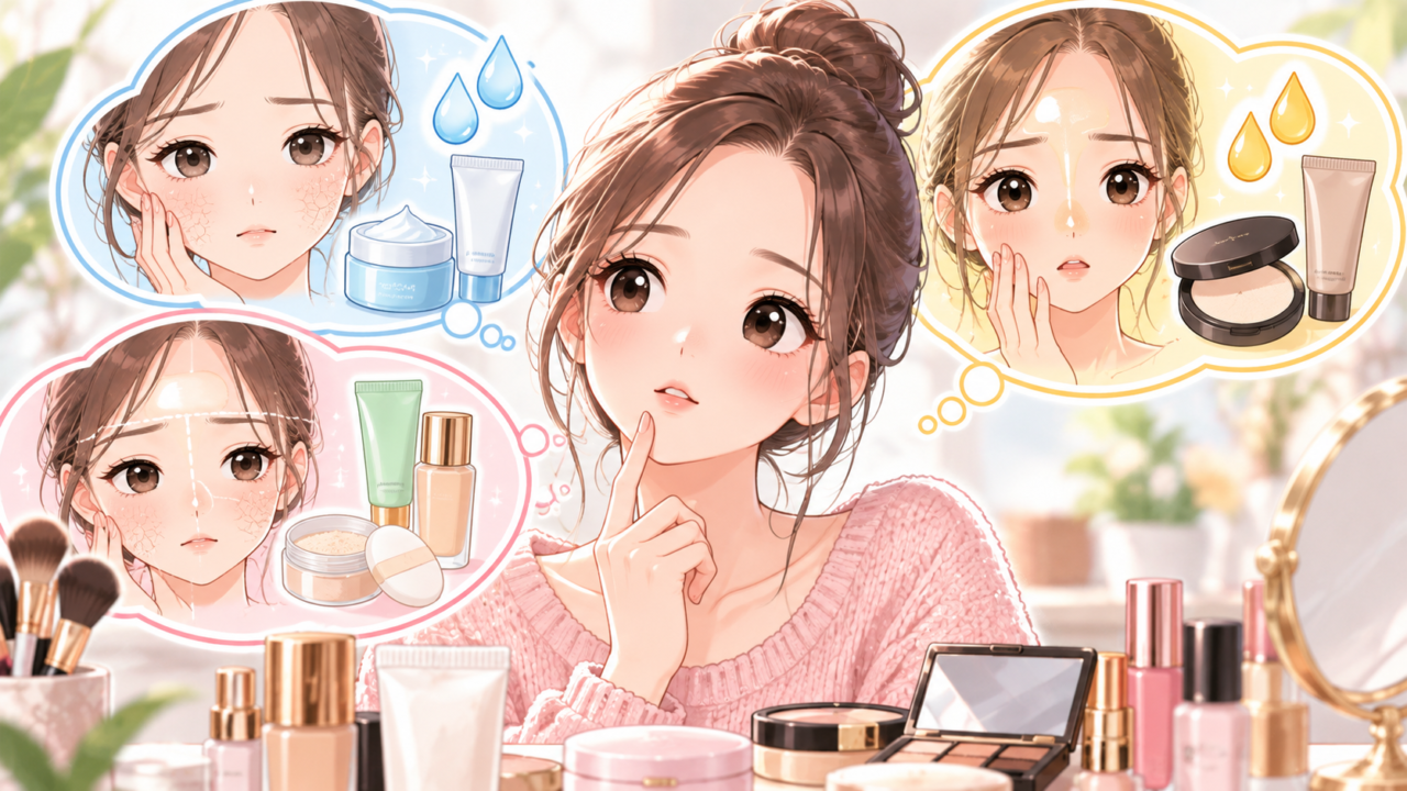 乾燥肌・脂性肌・混合肌の違いを考えながら自分に合う化粧品を選ぶ女性のイラスト