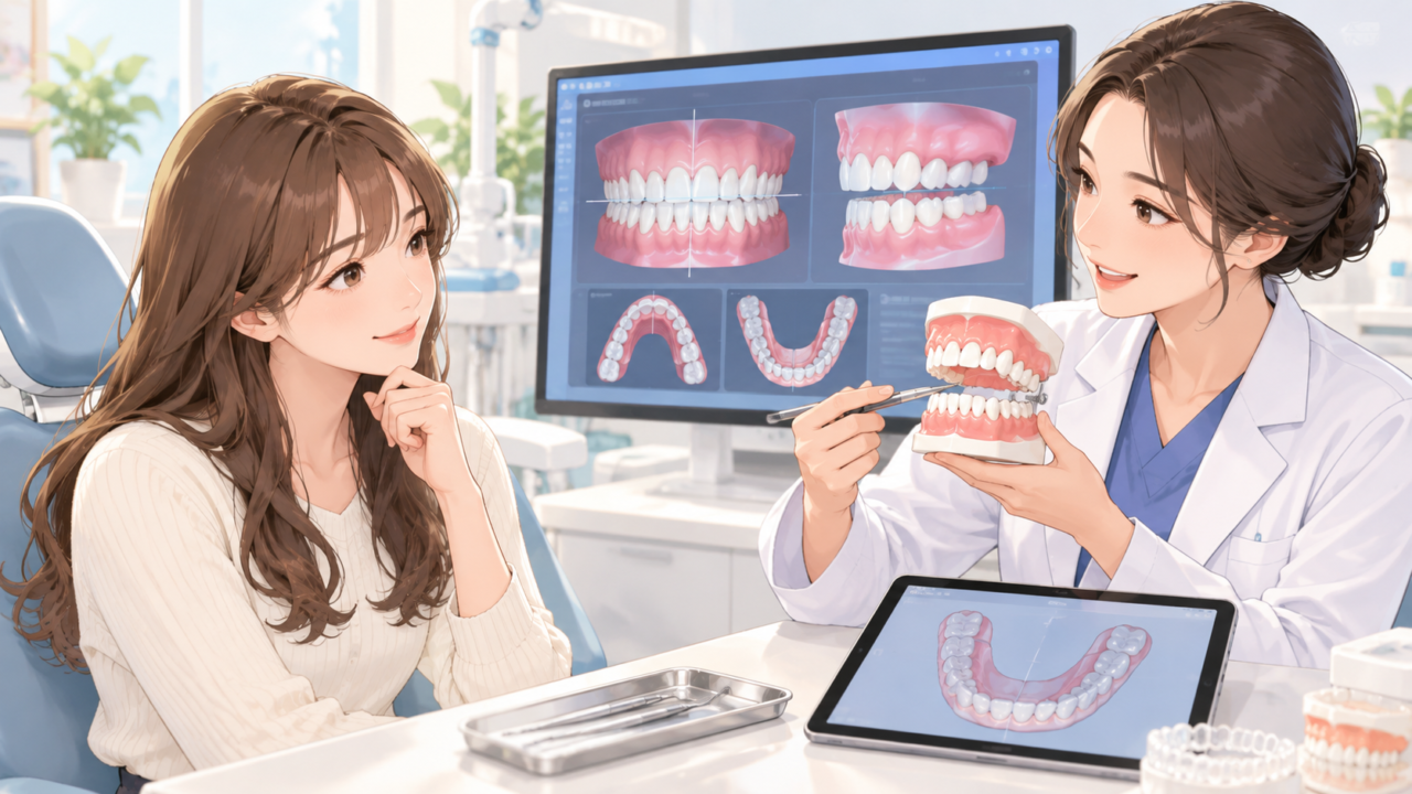 歯科医師が歯並びと噛み合わせを確認して矯正方法を説明する様子