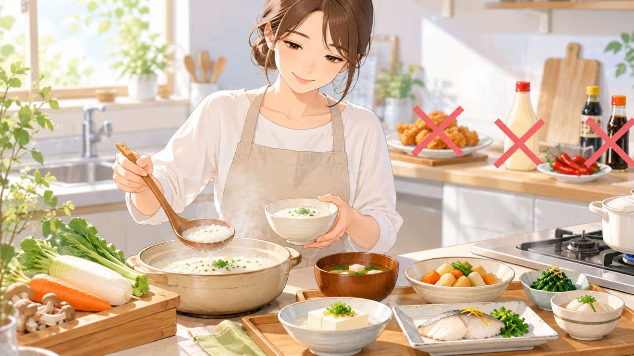おかゆや煮物を選び、揚げ物や刺激の強い調味料を控える女性のイラスト