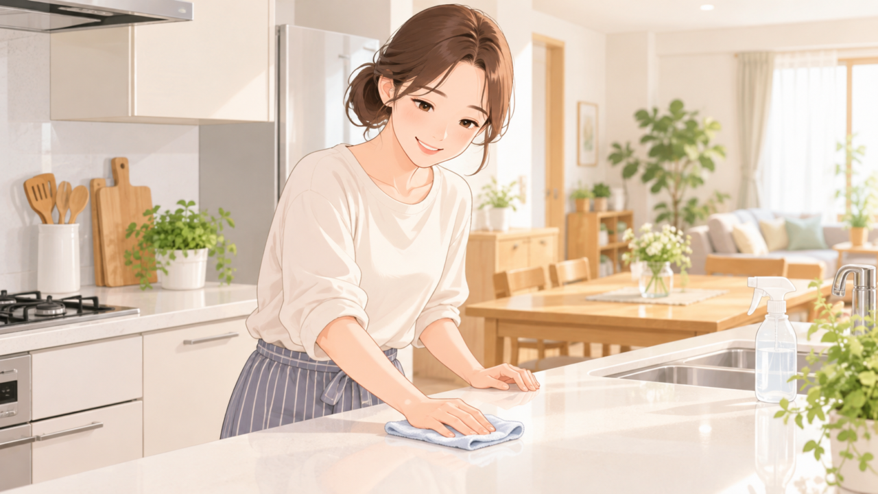 キッチンの調理台をクロスで拭く女性のついで掃除のイラスト