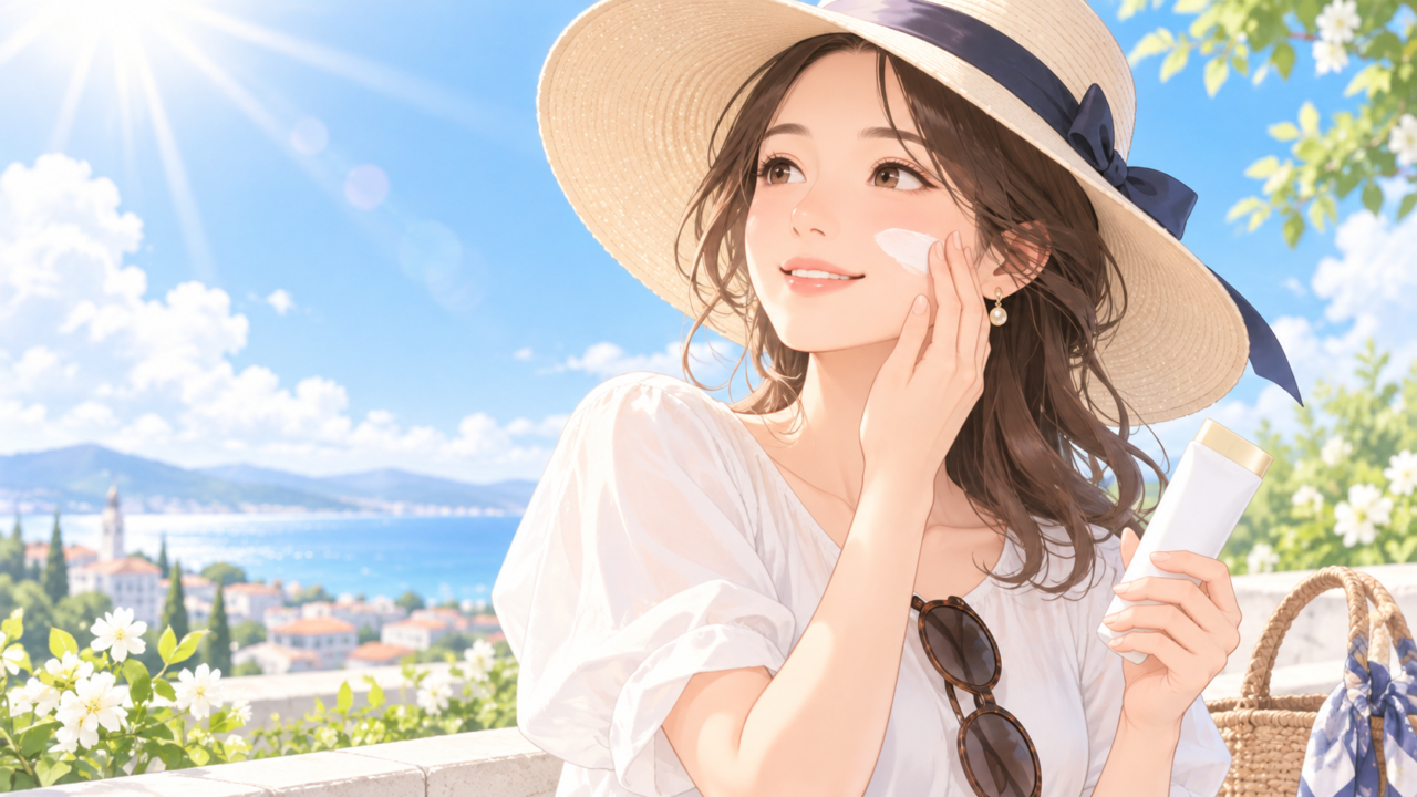 帽子と日焼け止めを使って紫外線対策をする女性のイラスト