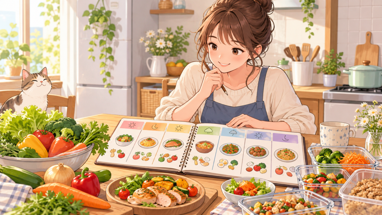 料理の時短のために1週間分の献立を考える女性のイラスト