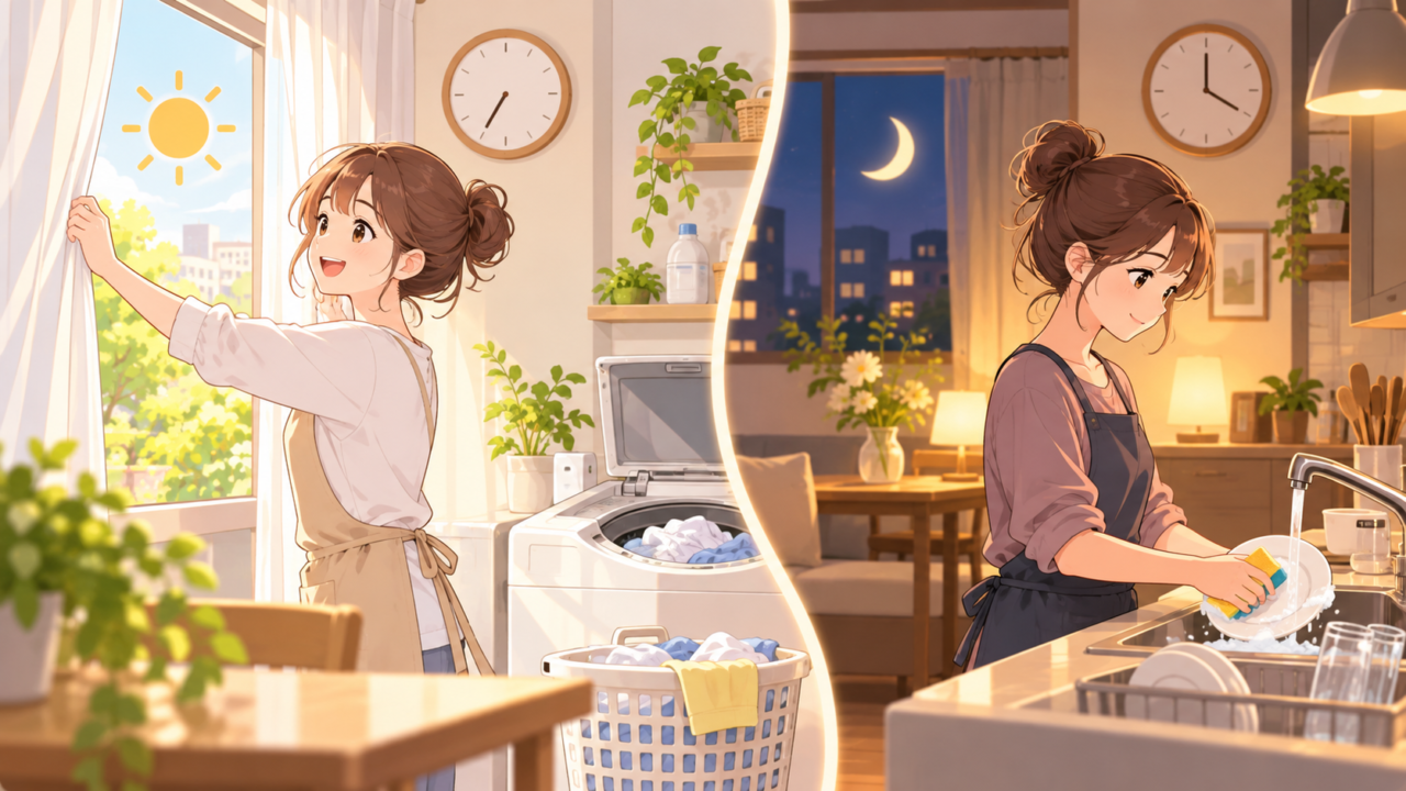 朝に洗濯をして夜に食器を洗う女性の家事ルーティンのイラスト