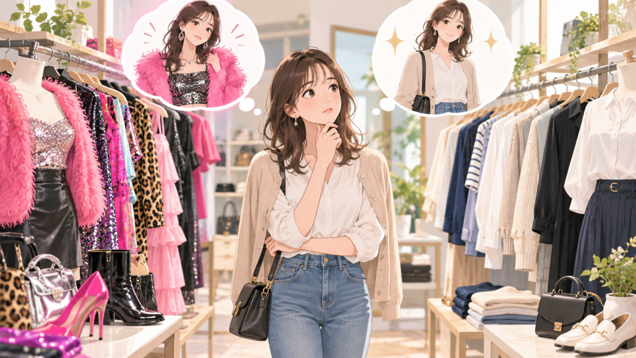 華やかなトレンドファッションと定番カジュアルのどちらを選ぶか悩む女性