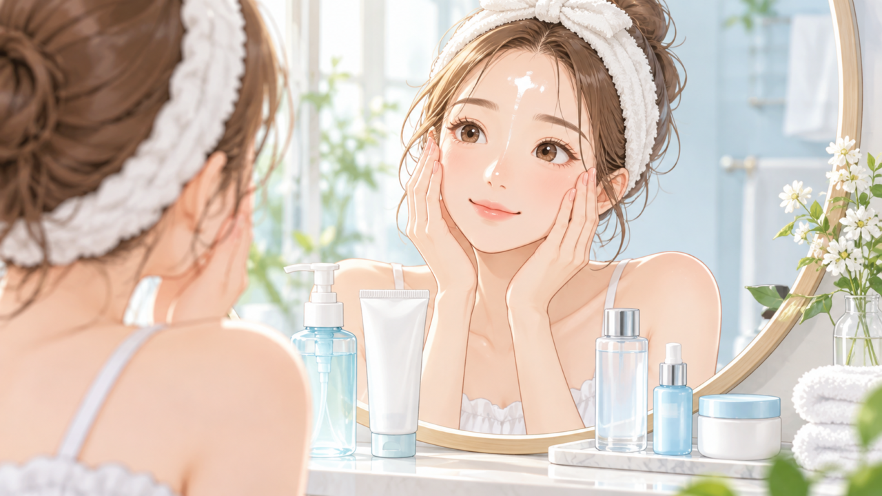 額のテカリを確認しながらスキンケアをする女性のイラスト